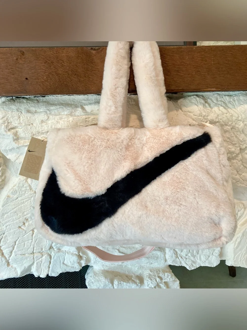 NWT Nike Sportswear Faux Fur Tote (10L capacity) in the 'Guava Ice/Black